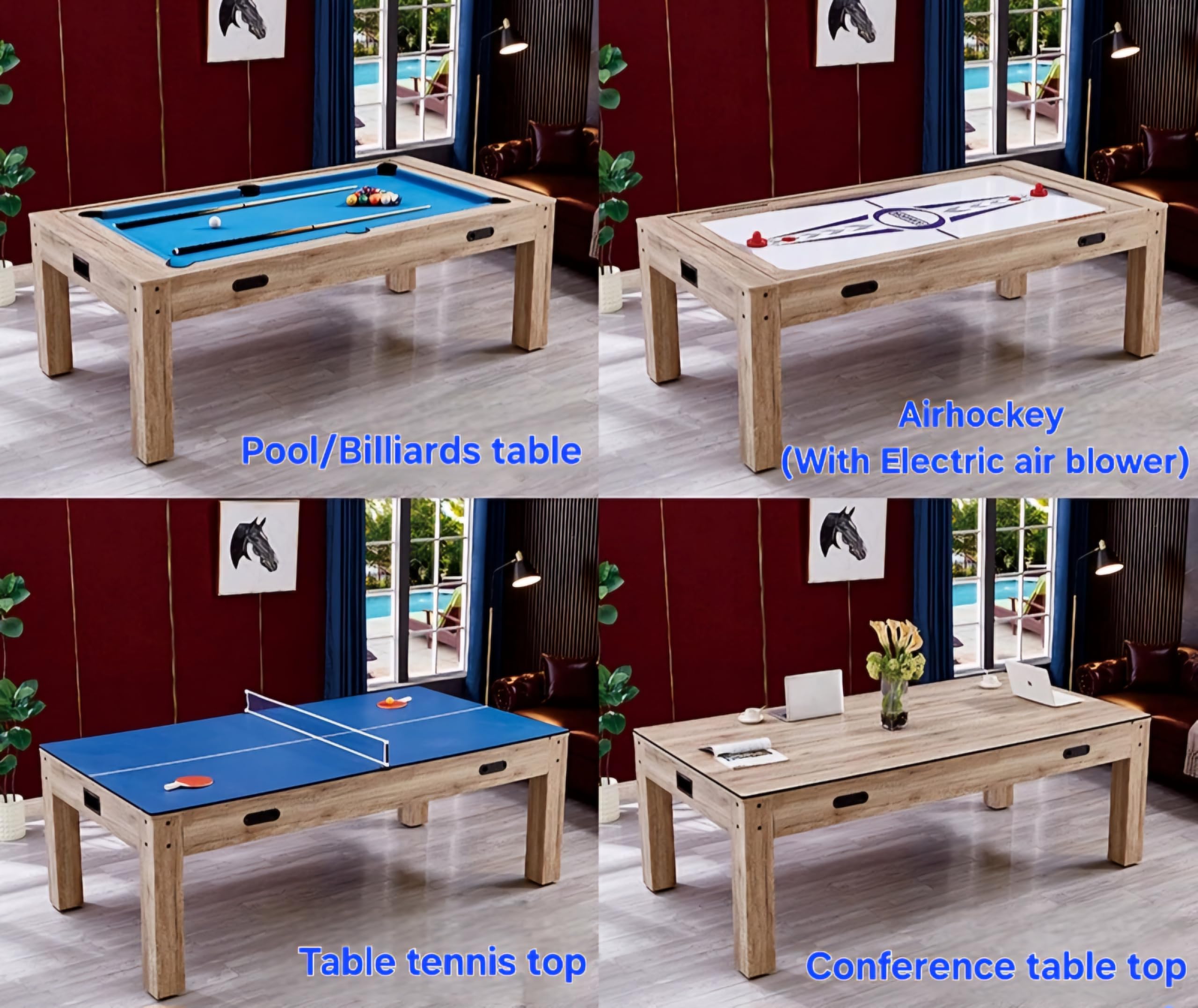 RUP 4-in-1 Multi-Game Table, Pool/Billiards, Table Tennis, Air Hockey with Electric Blower, Conference Table Top, Complete