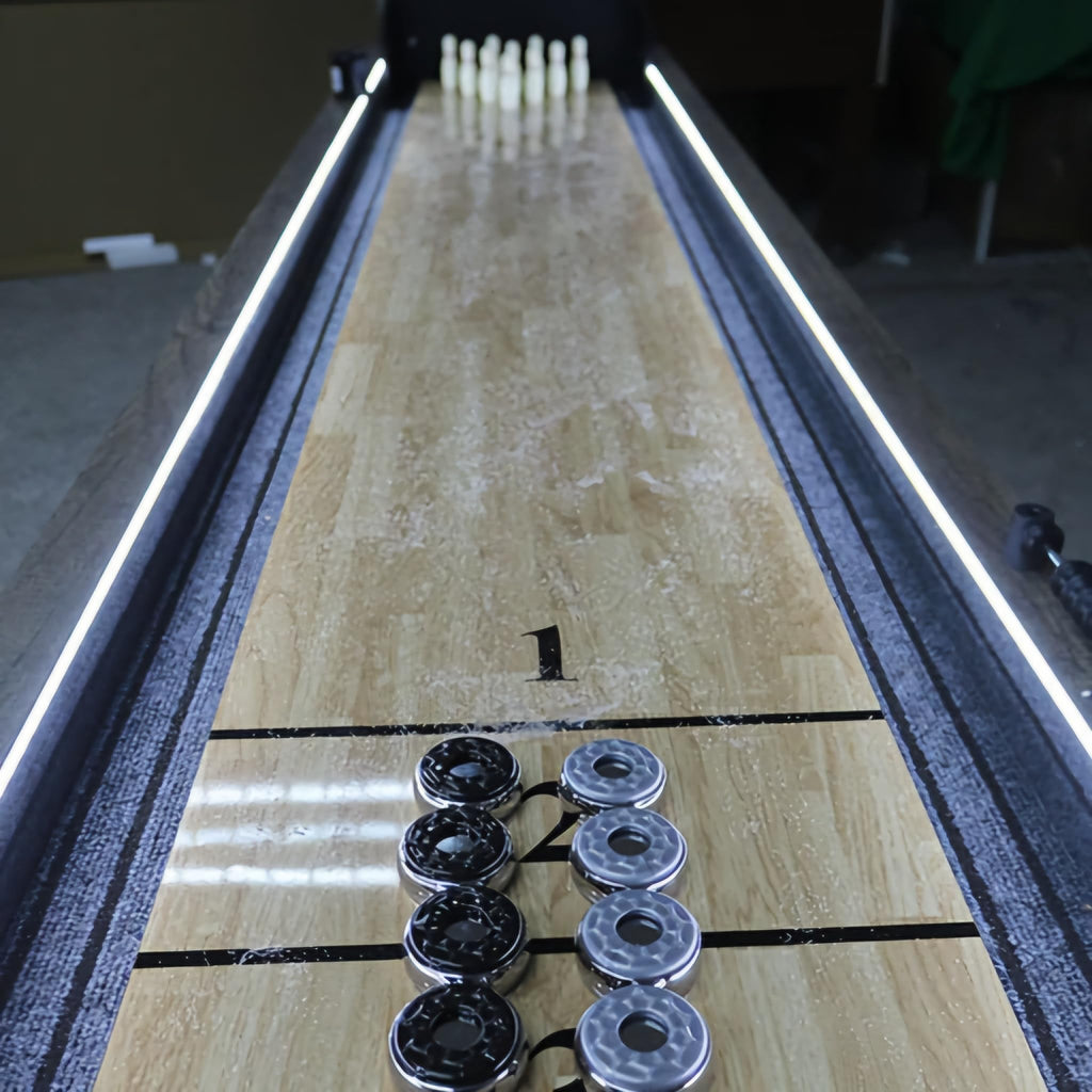 RUP 9-Foot LED Light Up Shuffleboard and Bowling Table, Rustic Wood Grain Finish, Grey Carpeted Gutters, K-Shaped Legs