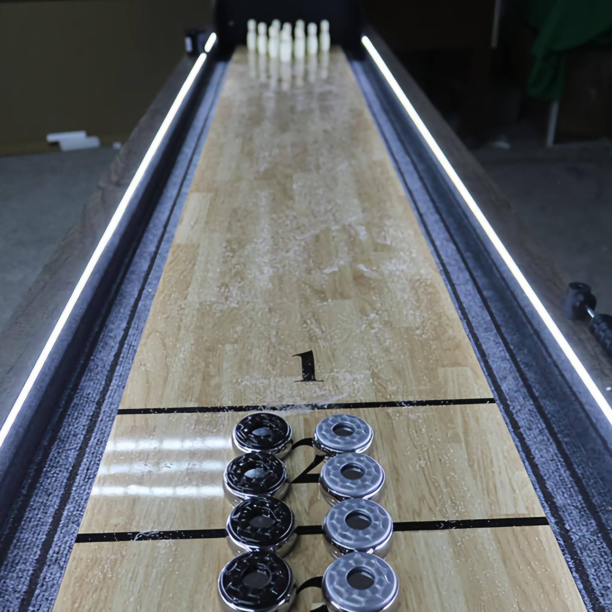 RUP 9-Foot LED Light Up Shuffleboard and Bowling Table, Rustic Wood Grain Finish, Grey Carpeted Gutters, K-Shaped Legs