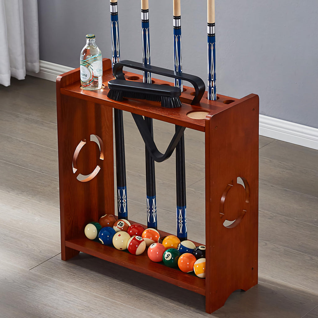 RUP Pool Cue Rack, Wooden 8-Cue Holder with Ball Storage, Drink Holders and Billiard & Snooker Cue Rack Stand (Accessories