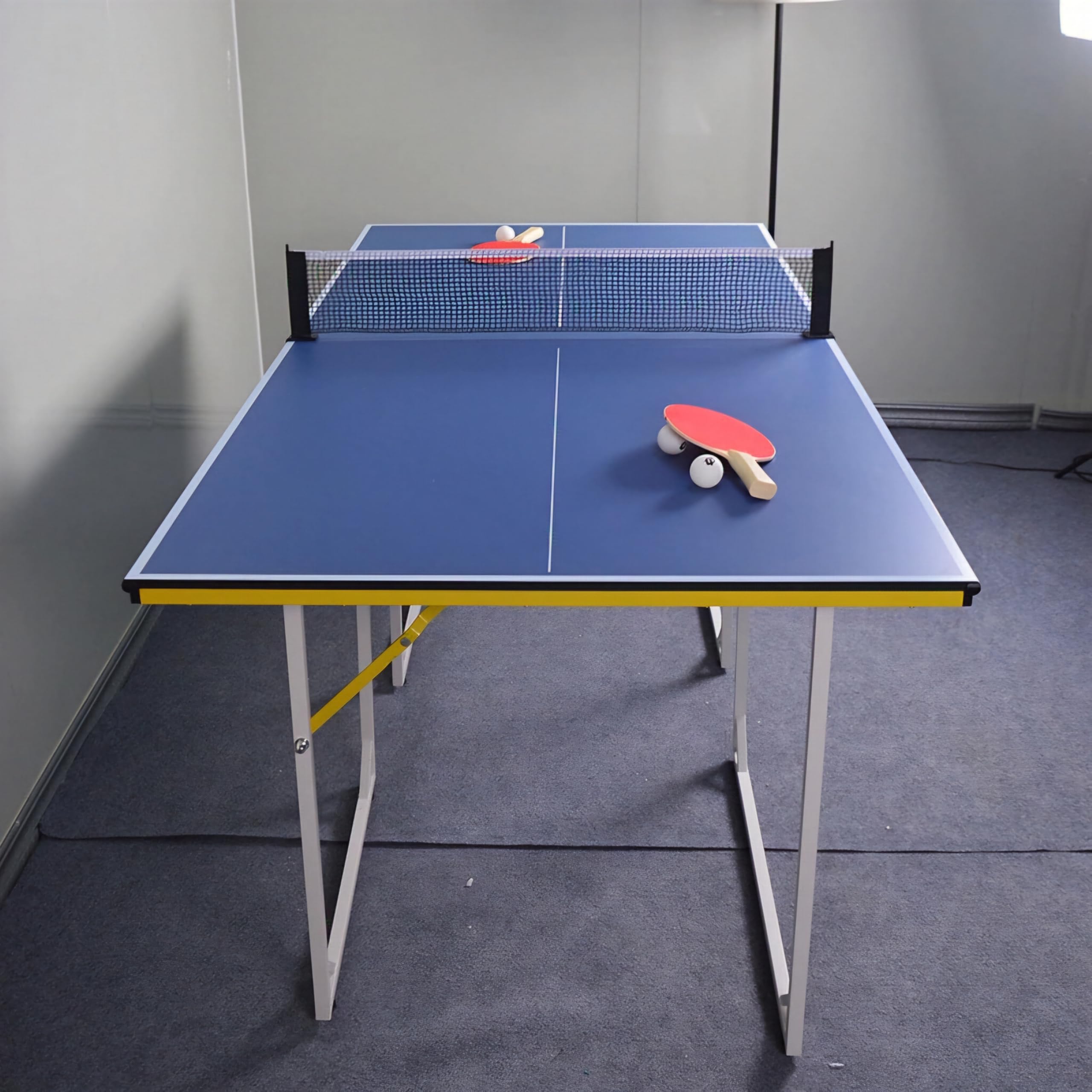 RUP 6ft Mini Table Tennis Table with Foldable Metal Legs, Blue Playing Surface with Yellow Accent, Net, Rackets, Balls