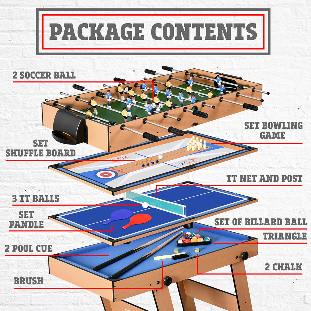 RUP 5 in 1 Multi Game Table, Foosball, Table Tennis, Pool, Bowling, Shuffleboard, Space Saving Vertical Folding Design