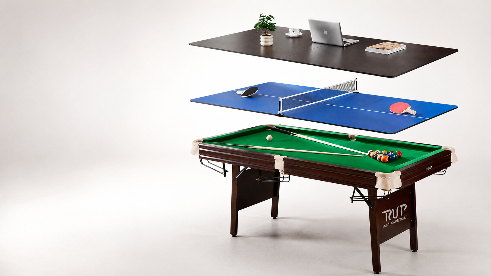 RUP multi game table shown as pool table, table tennis table and dining conference table